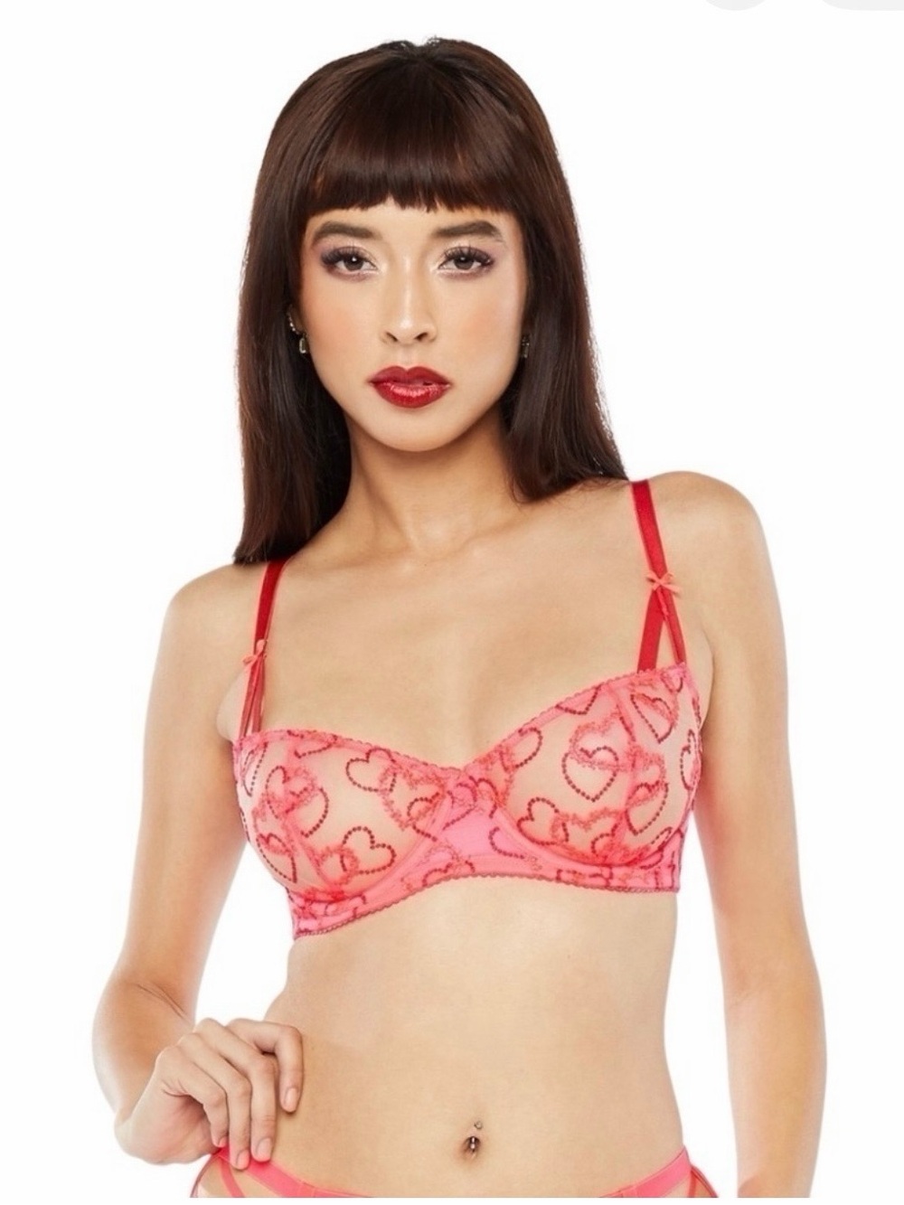 Savage X Fenty Linking Sheer Pink Heart-Embroidered Balconette Brad Sz 34DD